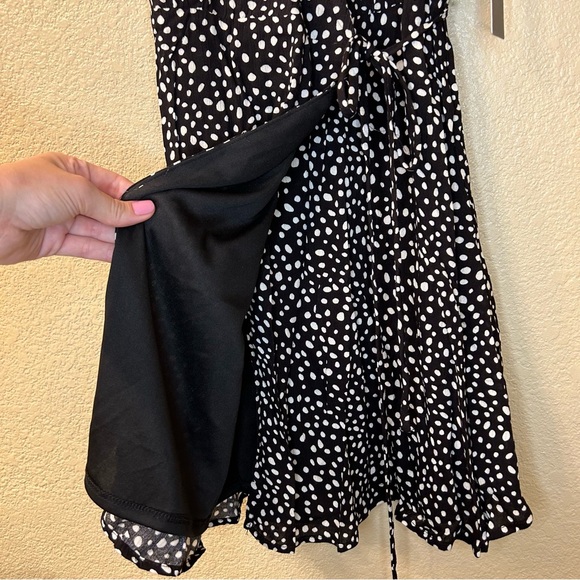 Lulu’s Your Favorite One Black Dot Print Puff Sleeve Wrap Mini Dress - Picture 8 of 9